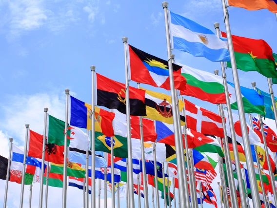 Flags from several countries fly on poles