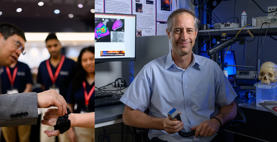 Collage. Zong-Ming Li adjust his wrist brace and Russell Witte poses in a lab.