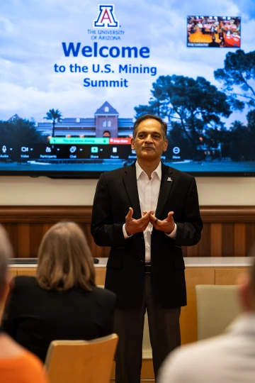 Suresh Garimella speaks in a conference room in Old Main.